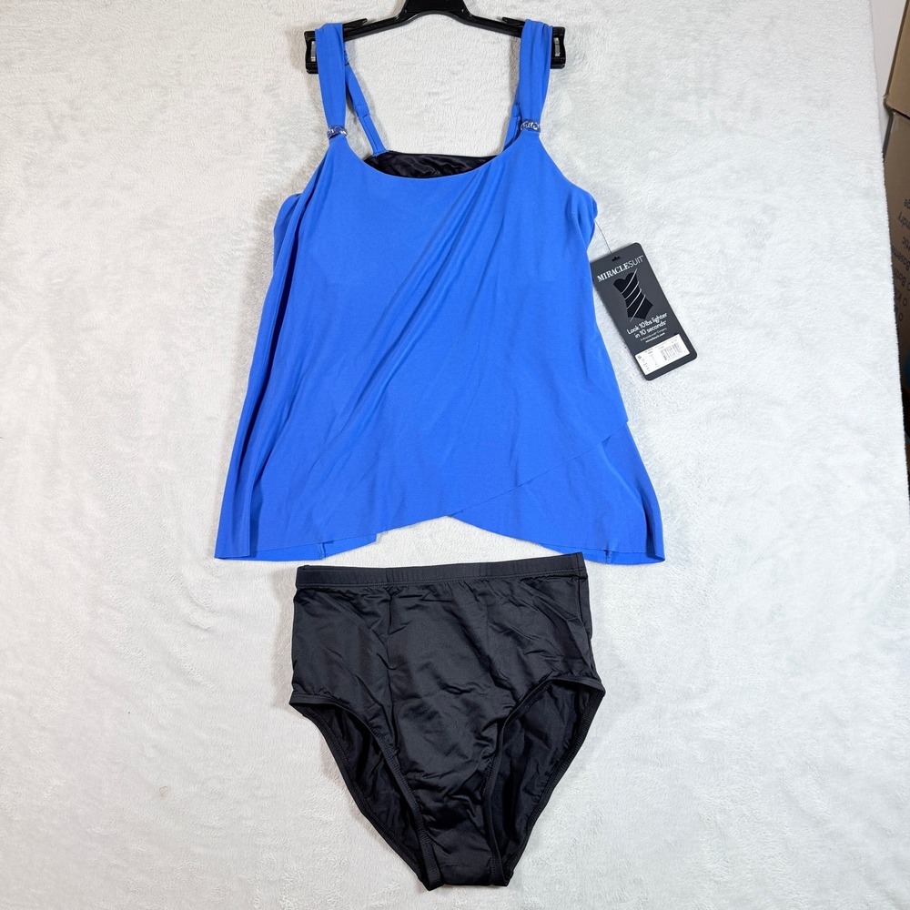 Miraclesuit Razzle Dazzle Tankini Top High Waist Bottom Bikini Set Blue Size 8